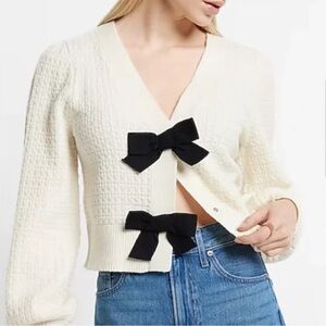 Express Ivory Cardigan with Black Bow Accents